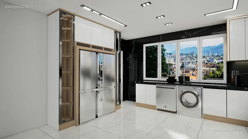 آشپزخانه مدرن دورنگ با کابینت هایگلاس، طرح چوب و ماربل، چیدمان ال و نورپردازی خطی