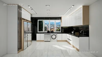 کابینت مدرن سفید هایگلاس با طرح چوب، چیدمان ال، بین کابینتی مشکی و نورپردازی خطی