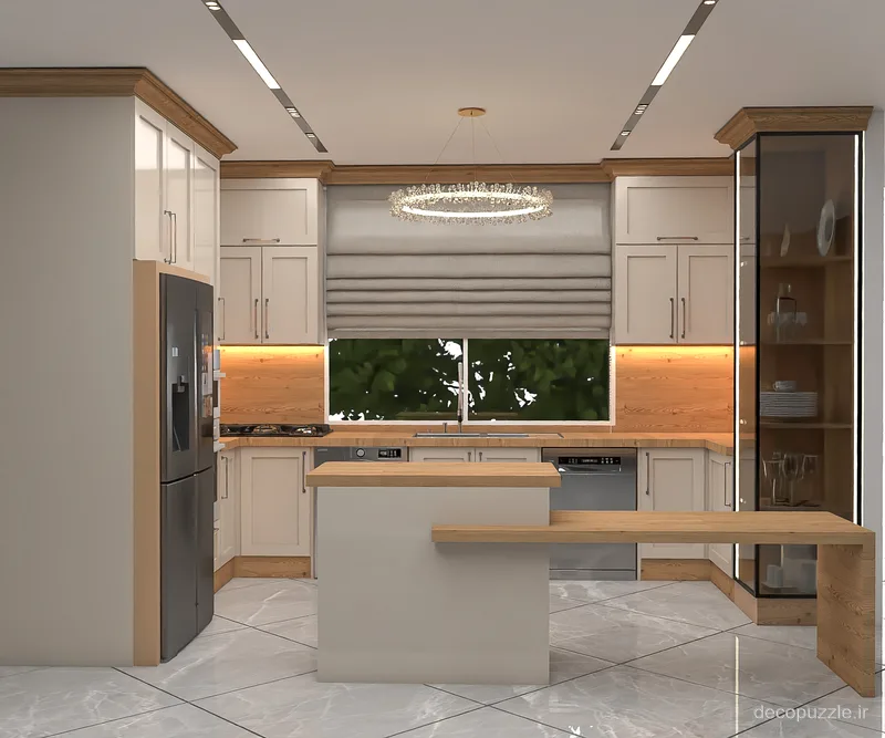 آشپزخانه نئوکلاسیک دورنگ با کابینت ممبران، جزیره، بین کابینتی طرح چوب و ویترین شیشه‌ای