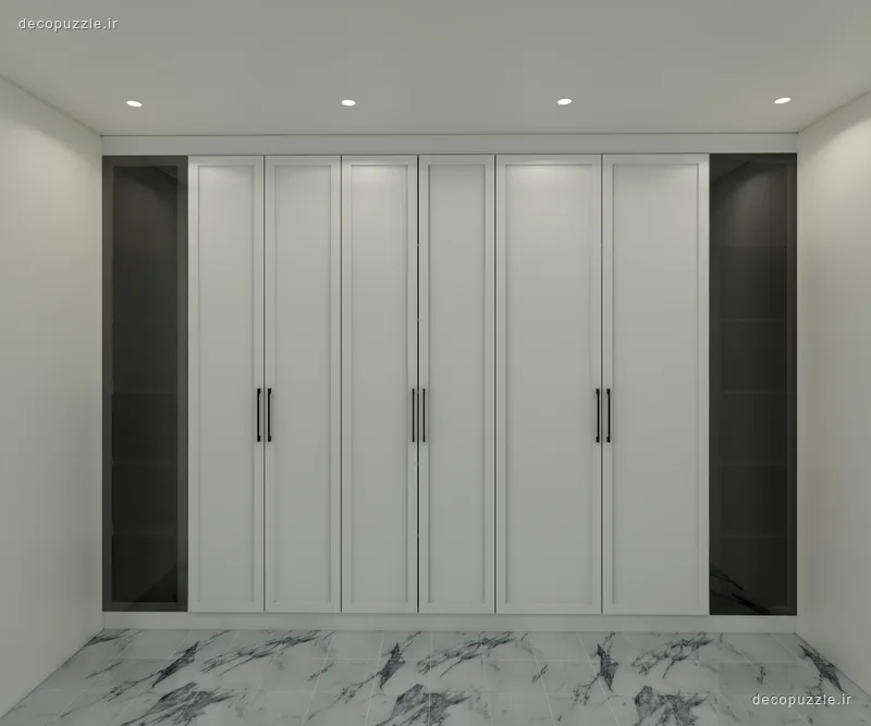 آشپزخانه سفید مات با کابینت خطی تا سقف و سطح ماربل