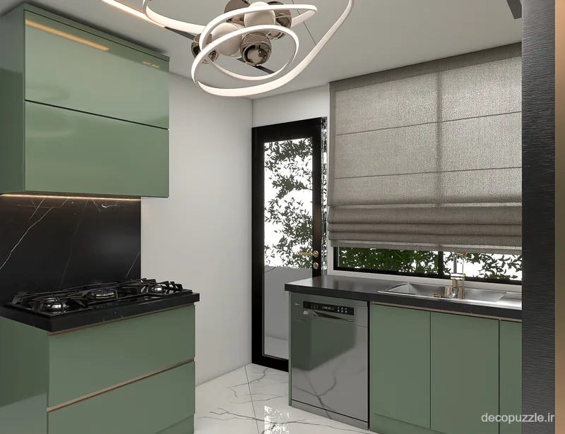 کابینت مدرن سبز مات با چیدمان ال، بین کابینتی مشکی و دستگیره مخفی در آشپزخانه