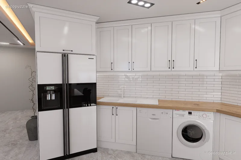 آشپزخانه نئوکلاسیک سفید با چیدمان ال، کابینت پلی اورتان، صفحه طرح چوب و بین کابینتی روشن