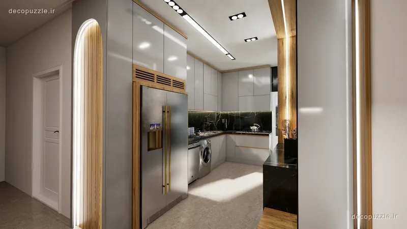 آشپزخانه مدرن دورنگ با کابینت هایگلاس سفید و طرح چوب، چیدمان یو، بین کابینتی مشکی و نورپردازی خطی