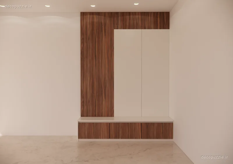 کمد دیواری پذیرایی با ترکیب طرح چوب و کابینت کرم مات، چیدمان خطی و طراحی تا سقف