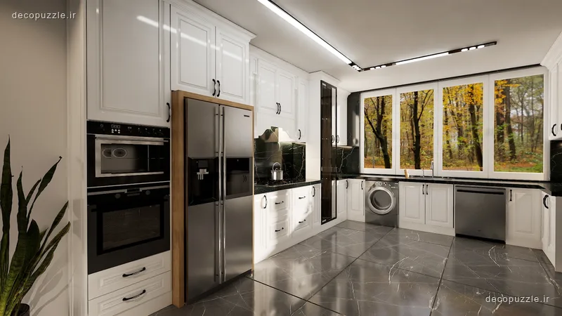 کابینت نئوکلاسیک سفید ممبران با چیدمان یو، فر توکار، ویترین شیشه‌ای و نورپردازی خطی