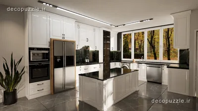 آشپزخانه نئوکلاسیک با کابینت سفید ممبران، جزیره، صفحه ماربل مشکی و ویترین شیشه‌ای