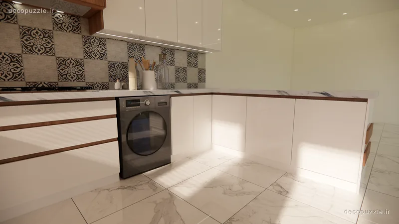 کابینت مدرن سفید هایگلاس با چیدمان ال، جزئیات طرح چوب، بین کابینتی طرح‌دار و دستگیره مخفی