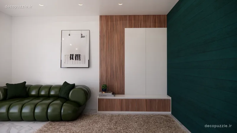 دکور خطی پذیرایی با کابینت مات سفید و طرح چوب، دیوار سبز تیره و مبل سبز