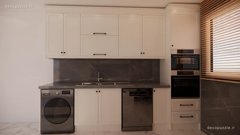 کابینت نئوکلاسیک کرم مات با فر توکار و بین کابینتی ماربل در آشپزخانه خطی