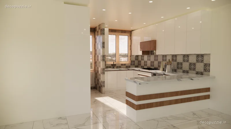 آشپزخانه مدرن سفید و طرح چوب با جزیره، بین کابینتی طرح‌دار و هود مخفی
