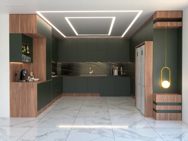 آشپزخانه مدرن دورنگ با کابینت مات و طرح چوب، چیدمان یو، کافی‌بار و نورپردازی خطی