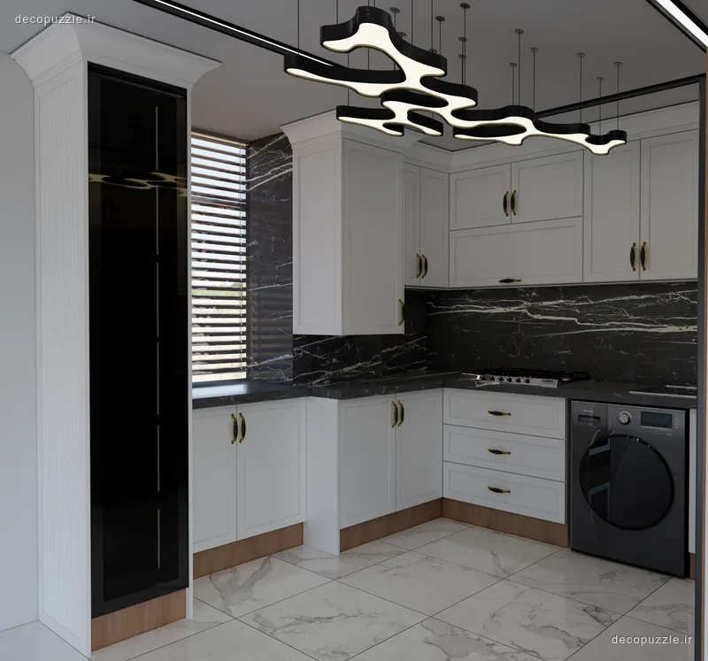 کابینت نئوکلاسیک سفید با چیدمان ال، صفحه و بین کابینتی ماربل مشکی و نورپردازی خطی