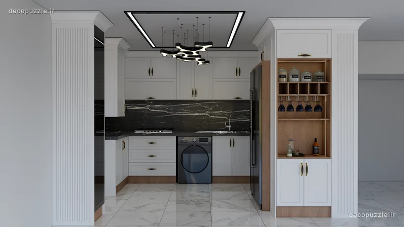 کابینت سفید ممبران با بین کابینتی ماربل، قفسه باز و نورپردازی خطی در آشپزخانه ال‌شکل