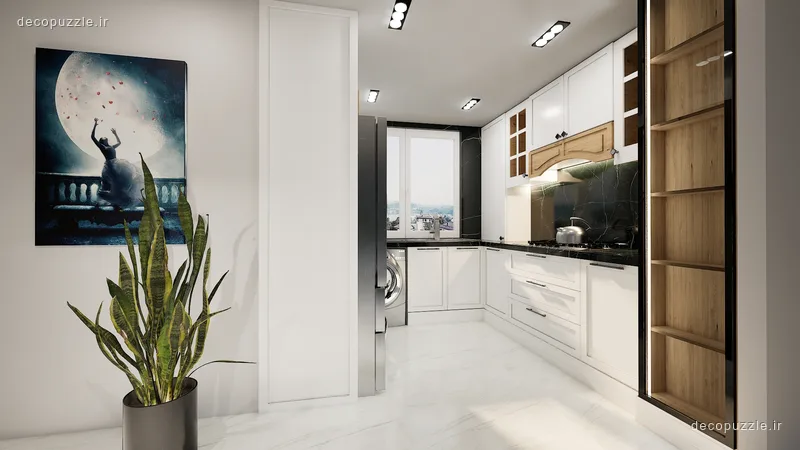 آشپزخانه نئوکلاسیک با کابینت سفید، چیدمان ال، بین کابینتی مشکی، ویترین شیشه‌ای و قفسه باز طرح چوب