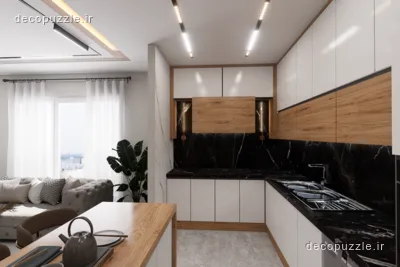 آشپزخانه مدرن دورنگ سفید و طرح چوب با چیدمان ال، بین کابینتی ماربل مشکی و میز ناهارخوری