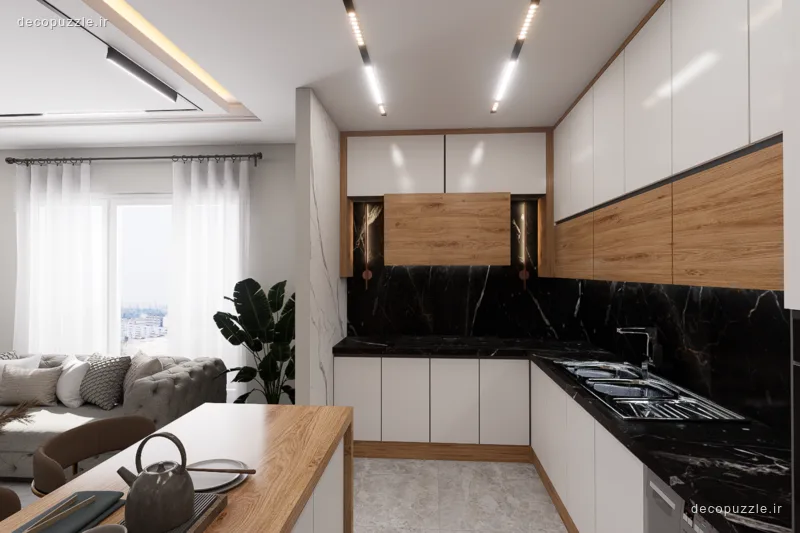 آشپزخانه مدرن دورنگ سفید و طرح چوب با چیدمان ال، بین کابینتی ماربل مشکی و میز ناهارخوری