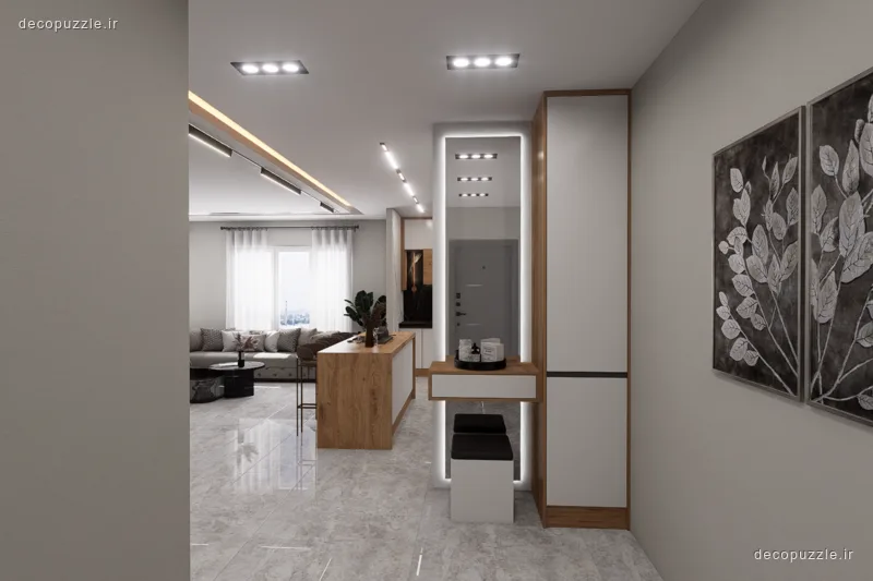 پذیرایی مدرن دورنگ با کابینت مات و طرح چوب، قفسه باز و نورپردازی خطی