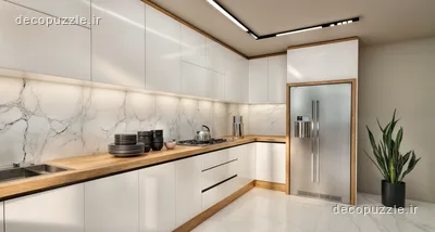 کابینت مدرن سفید هایگلاس با چیدمان ال، بین کابینتی ماربل و دستگیره مخفی در آشپزخانه