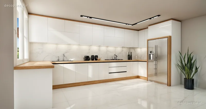 آشپزخانه مدرن دورنگ با کابینت سفید هایگلاس، جزئیات طرح چوب، بین کابینتی ماربل و چیدمان ال