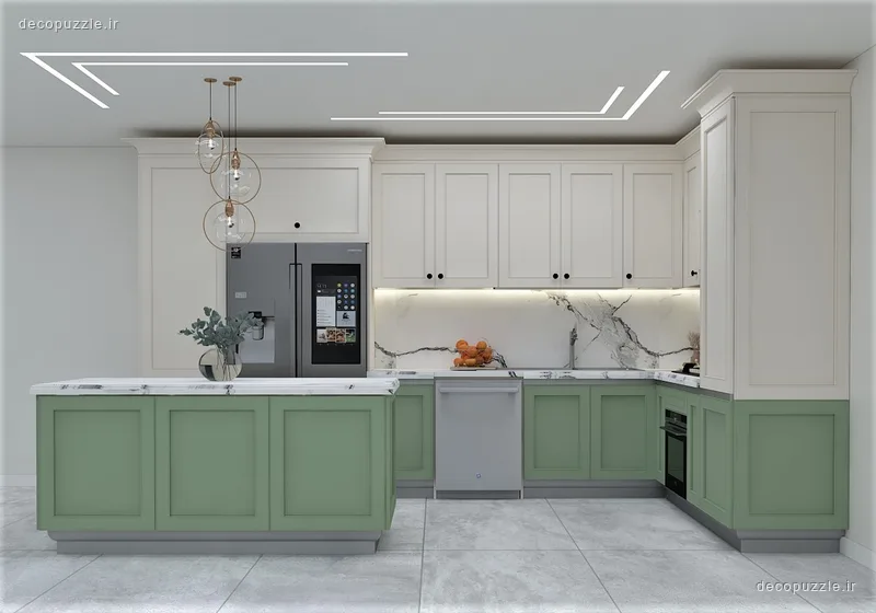 کابینت نئوکلاسیک سفید و سبز با جزیره، بین کابینتی ماربل و نورپردازی خطی در آشپزخانه