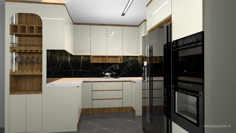 کابینت مدرن دورنگ سفید و طرح چوب با ویترین، قفسه باز و بین کابینتی ماربل مشکی در آشپزخانه یو