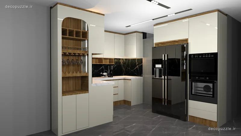 کابینت مدرن دورنگ با قفسه باز، بین کابینتی ماربل و فر توکار در آشپزخانه ال