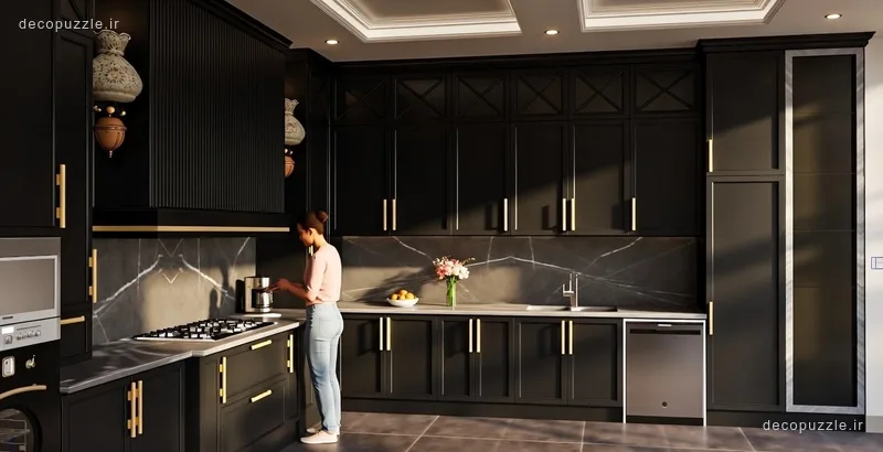 کابینت مشکی مات با چیدمان ال، ویترین شیشه‌ای و فر توکار در آشپزخانه
