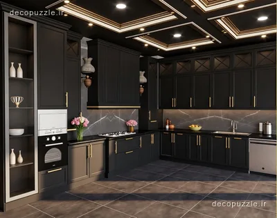 آشپزخانه مشکی مات با چیدمان ال، ویترین، قفسه باز، فر توکار و بین کابینتی ماربل