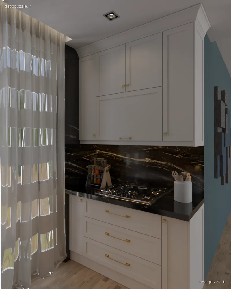 کابینت سفید مات با بین کابینتی ماربل مشکی و اجاق گاز در آشپزخانه خطی