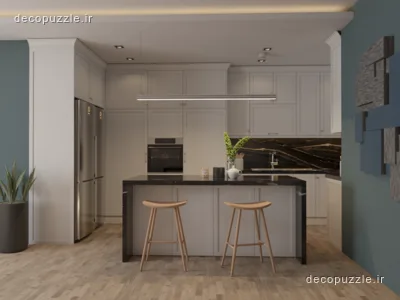 آشپزخانه طوسی با کابینت مات، جزیره، فر توکار و بین کابینتی ماربل