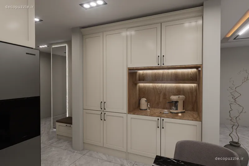 کابینت کرم مات با کافی‌بار طرح چوب، قفسه باز و نورپردازی خطی در آشپزخانه خطی