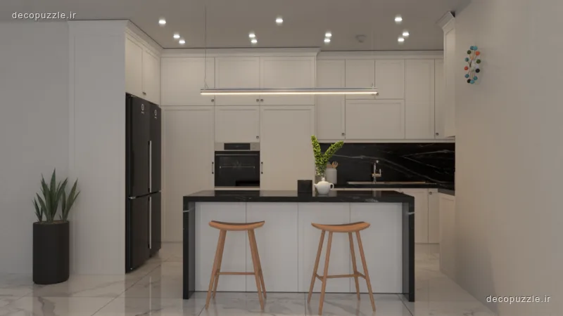 آشپزخانه نئوکلاسیک با کابینت سفید مات، جزیره مشکی، بین کابینتی ماربل و نورپردازی خطی