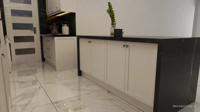 کابینت نئوکلاسیک سفید مات با صفحه مشکی، چیدمان ال، بین کابینتی و نورپردازی خطی
