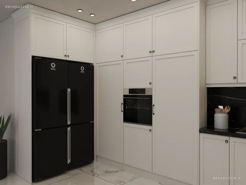 آشپزخانه ال با کابینت سفید مات، بین کابینتی مشکی، فر توکار و کف ماربل