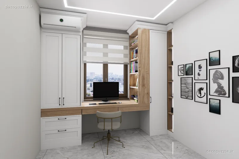 اتاقی روشن با میز کار توکار، کابینت سفید و طرح چوب، کتابخانه باز و پنجره‌ای رو به شهر