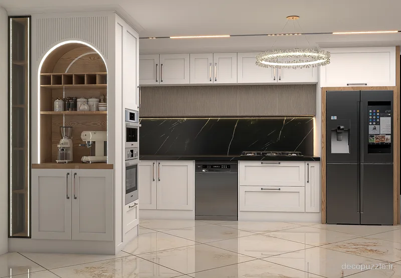 آشپزخانه نئوکلاسیک دورنگ با کابینت مات، کافی‌بار، ویترین، بین‌کابینتی ماربل و نورپردازی خطی