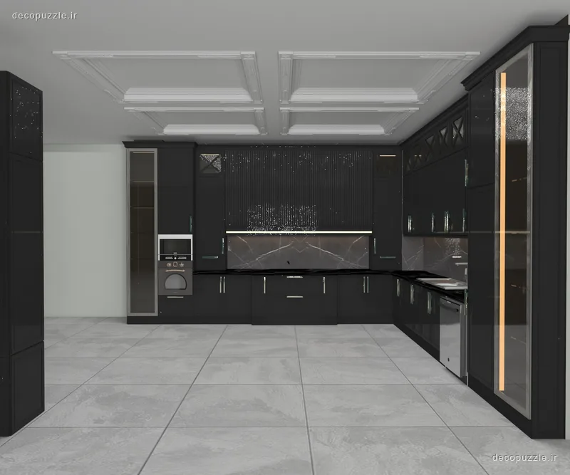 آشپزخانه نئوکلاسیک مشکی مات با چیدمان یو، ویترین شیشه‌ای، بین کابینتی ماربل و نورپردازی خطی