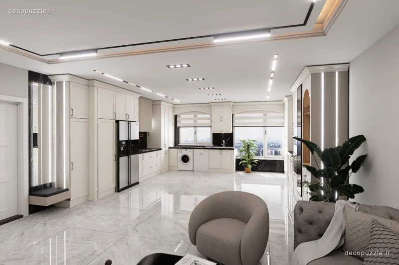 آشپزخانه نئوکلاسیک سفید با چیدمان ال، بین کابینتی مشکی، ویترین و نورپردازی خطی