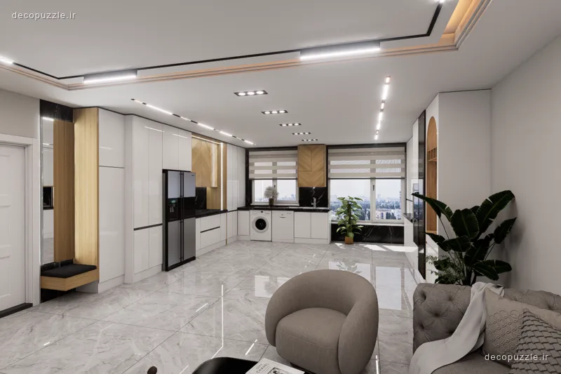 کابینت مدرن دورنگ سفید و طرح چوب با چیدمان ال، قفسه باز و نورپردازی خطی در آشپزخانه اپن