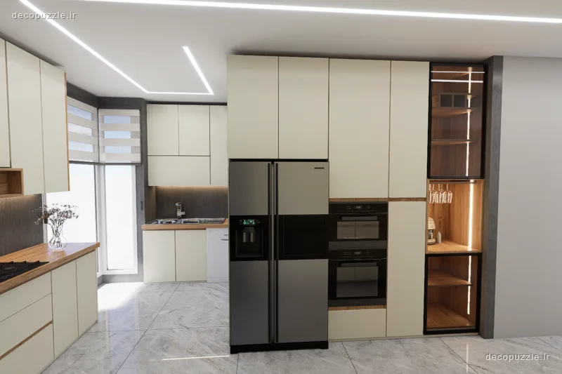 کابینت مدرن دورنگ مات با ویترین شیشه‌ای، فر توکار و نورپردازی خطی در آشپزخانه یو