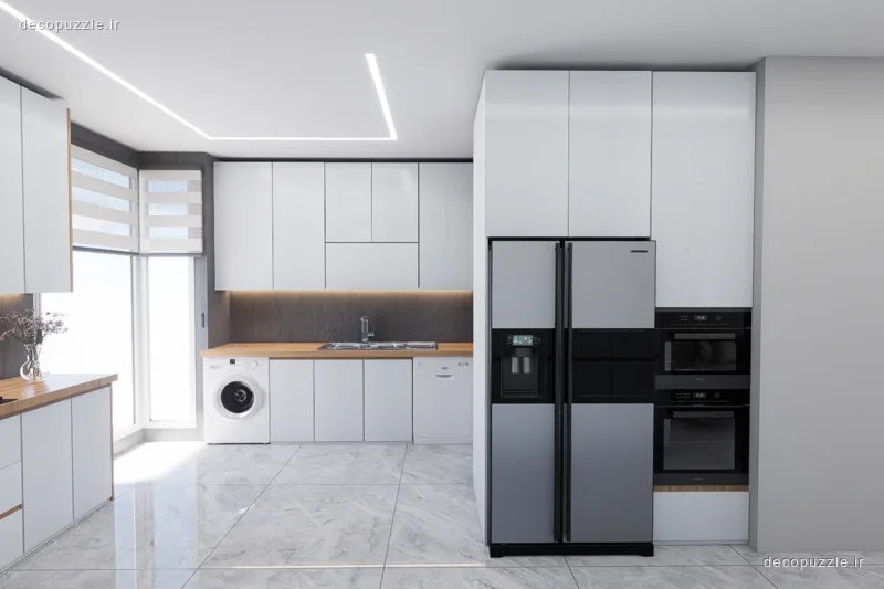 کابینت مدرن سفید مات با چیدمان ال، بین کابینتی طرح چوب، فر توکار و نورپردازی خطی در آشپزخانه