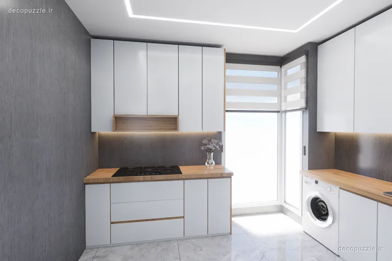 کابینت مدرن سفید و طرح چوب با چیدمان ال، بین کابینتی تیره و نورپردازی خطی در آشپزخانه