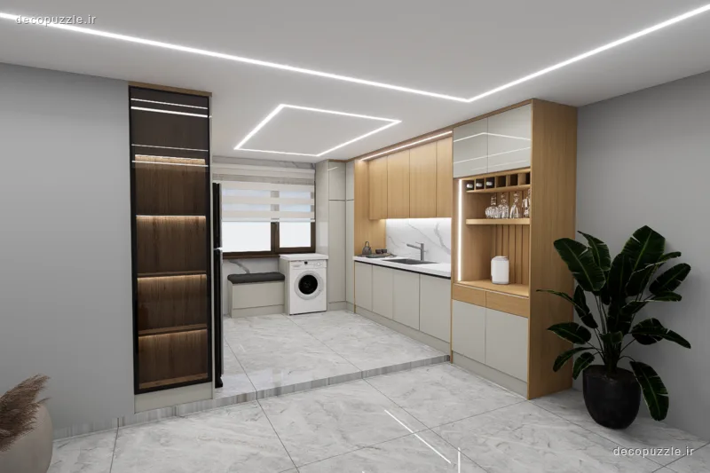 آشپزخانه مدرن دورنگ با کابینت مات و طرح چوب، ویترین، قفسه باز و نورپردازی خطی
