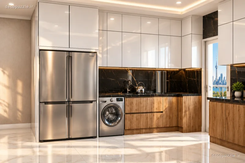 کابینت مدرن سفید هایگلاس و طرح چوب با چیدمان ال، بین کابینتی ماربل و دستگیره مخفی در آشپزخانه
