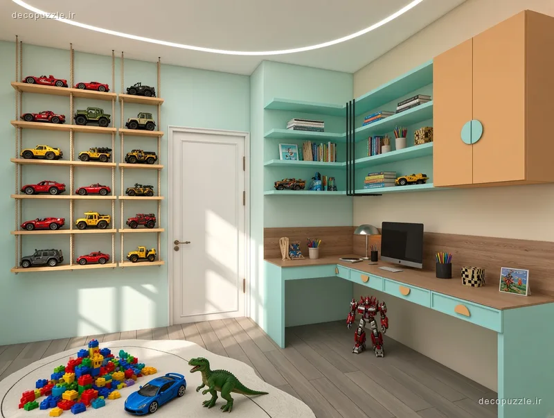 دفتر کار کودک با میز کار ال، قفسه باز و کابینت مات سبز و طرح چوب