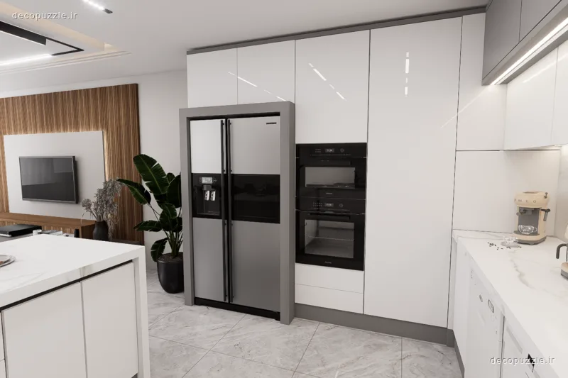 کابینت مدرن سفید هایگلاس با جزیره، فر توکار و مایکروویو توکار در آشپزخانه