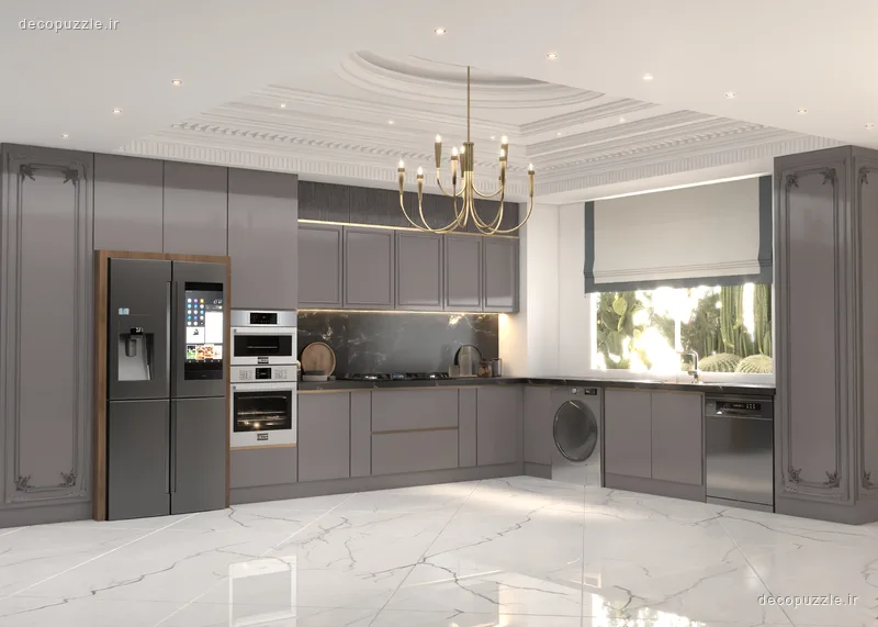 کابینت طوسی پلی اورتان با چیدمان ال، بین کابینتی ماربل و فر و مایکروویو توکار در آشپزخانه