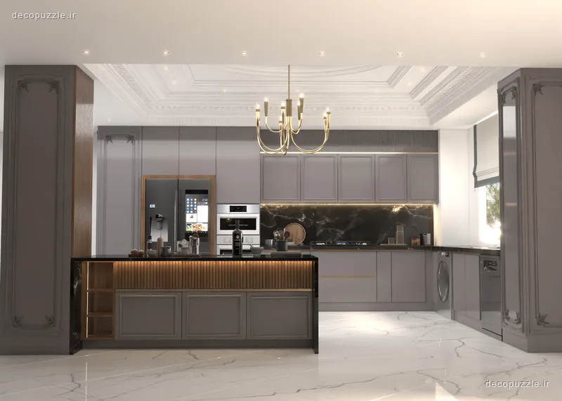 کابینت طوسی مات با جزیره و بین کابینتی ماربل در آشپزخانه