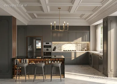 کابینت پلی اورتان طوسی با جزیره، کافی‌بار و بین کابینتی ماربل در آشپزخانه