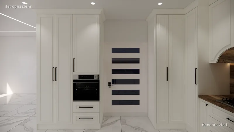 کابینت نئوکلاسیک سفید مات با فر توکار، قفسه باز و صفحه ماربل در آشپزخانه